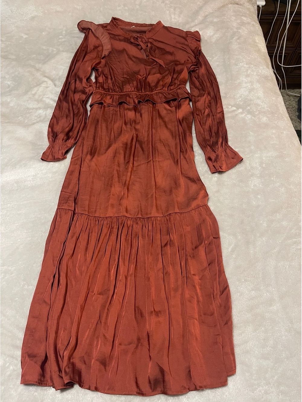 THML Rust Long Sleeve Maxi Dress with Ruffle Details